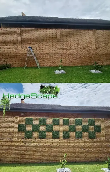 Checkerboard boundary-wall inserts: Alternating square foliage inserts form a repeating green pattern across the long brick wall.