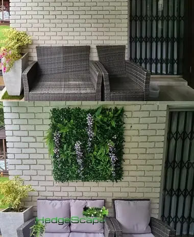 Covered patio feature before and after: A plain brick section behind the seating area becomes a framed mixed-foliage focal panel.