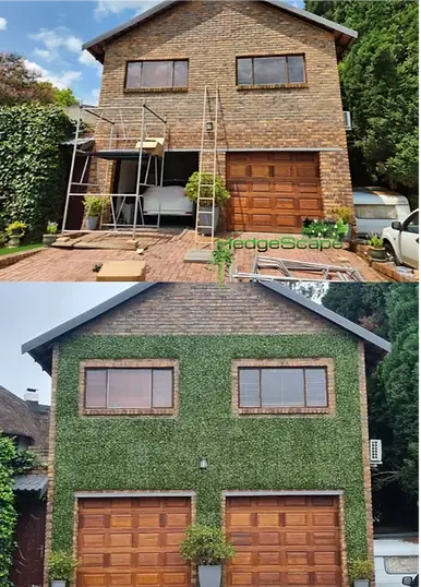 Large façade before and after: A two-storey exterior wall is transformed with structured green sections around the upper windows and garage level.