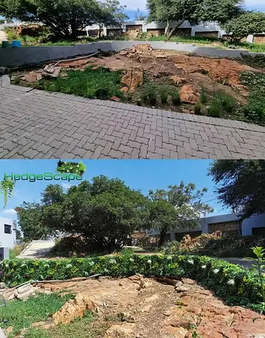 Landscape project before and after: A previously bare, excavated outdoor area is shown later with a pool, paving and completed garden layout.