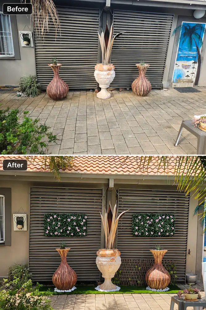 Courtyard wall before and after: A plain courtyard wall is finished with two framed foliage panels, keeping the planters and paving visible.