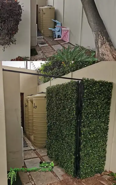 Side-passage screen before and after: A narrow passage gains a freestanding green privacy screen at the end of the access route.