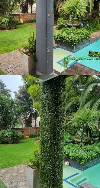 Poolside column wrap before and after: Artificial foliage turns a plain structural column into a vertical green feature beside the pool and lawn.