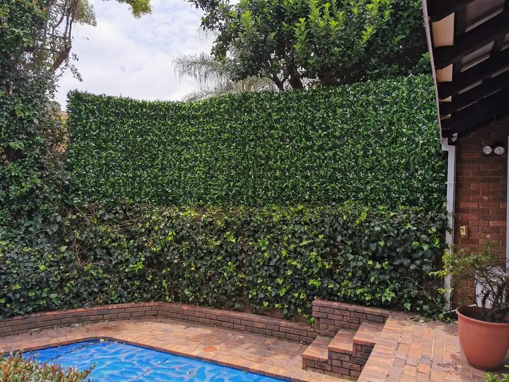 Poolside boundary wall coverage: Dense foliage covers the full boundary wall beside the pool and brick-paved entertainment area.